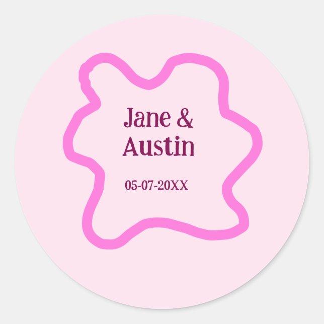 Pink pastel retro wedding border frame name date classic round sticker (Front)