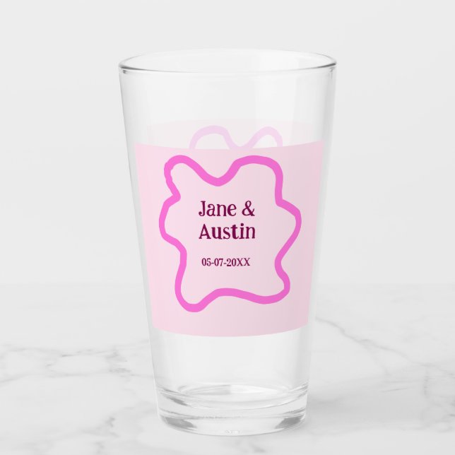 Pink pastel retro wedding border frame name date glass (Front)