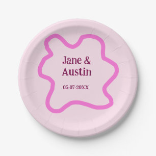 Pink pastel retro wedding border frame name date paper plate