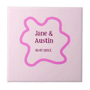 Pink pastel retro wedding border frame name date tile