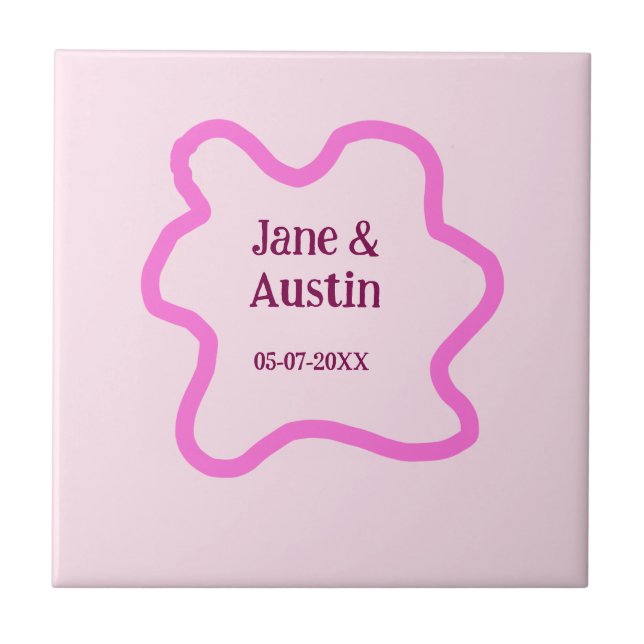 Pink pastel retro wedding border frame name date tile (Front)