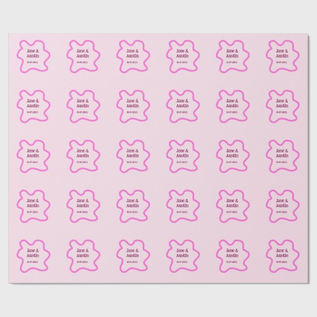 Pink pastel retro wedding border frame name date wrapping paper (Flat)