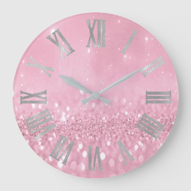 Pink Pastel Rose Glitter Grey Roman Numbers Large Clock (Front)