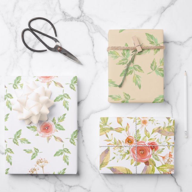 Pink Pastel Roses and Green Leaves Assorted Wrapping Paper Sheet (Front)
