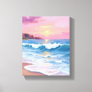 Pink Pastel Skies   Ocean Watercolor Beach Waves Canvas Print