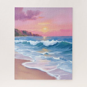 Pink Pastel Skies Ocean Watercolor Beach Waves Jigsaw Puzzle