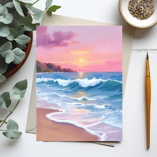 Pink Pastel Skies   Ocean Watercolor Beach Waves Postcard