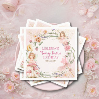 Pink Pastel Spring Garden Fairy First Birthday   Napkin