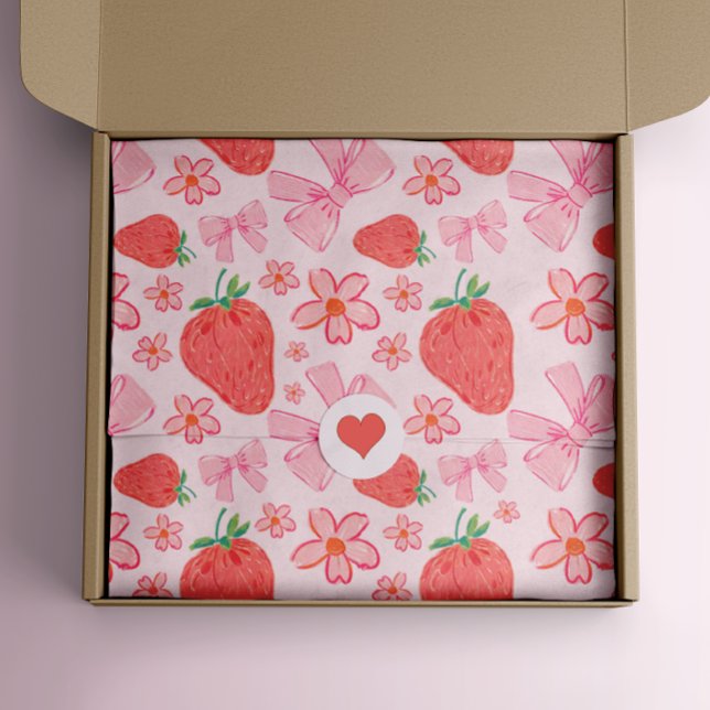 Pink Pastel Strawberry Floral Bow  Tissue Paper (strawberry bow ribbon floral valentine tissue gift wrap)