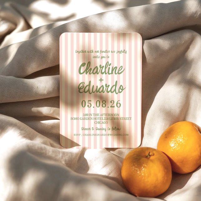 Pink Pastel Striped Whimsical Wedding Invitation (Creator Uploaded)