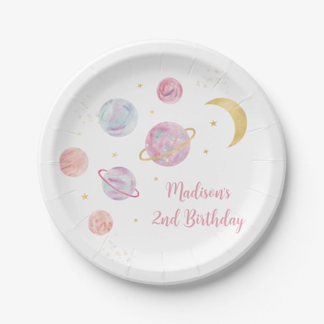 Pink Pastel Two the Moon Space Birthday Paper Plate (Front)