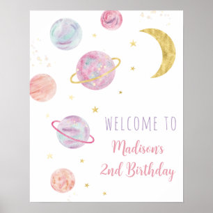 Pink Pastel Two the Moon Space Birthday Welcome Poster