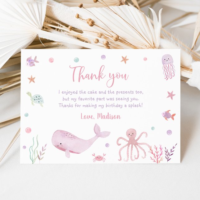 Pink Pastel Under the Sea Birthday Thank You Card (Creator Uploaded)