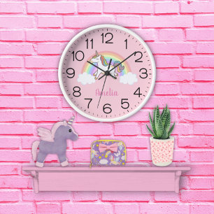 Pink Pastel Unicorn Rainbow Personalised Kids Round Clock