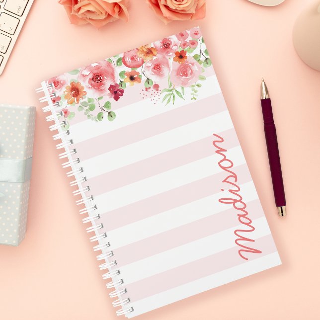 Pink Pastel Watercolor Floral Stripe Personalised Planner (Creator Uploaded)