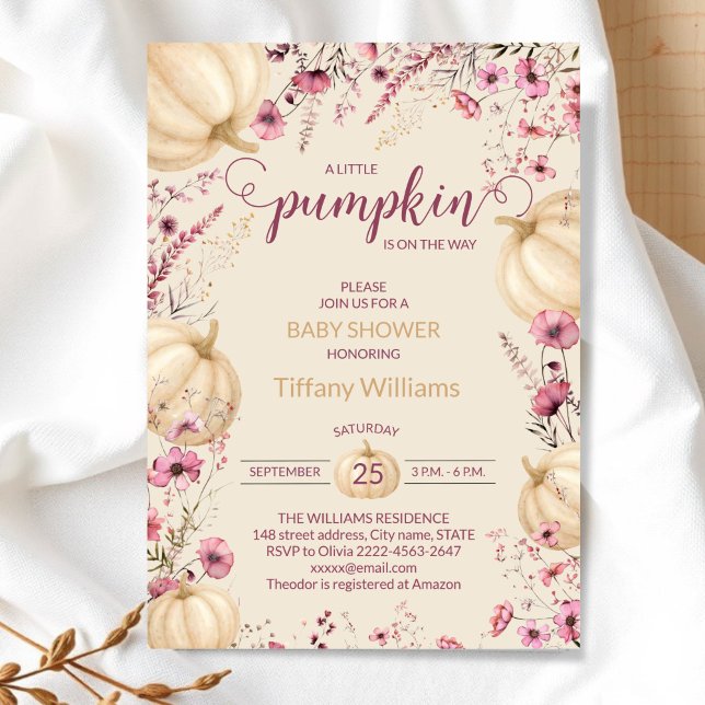 Pink Pastel Watercolor Pumpkin fall wild flowers Invitation (Pink and beige Rustic Pumpkin Baby Shower Invitation | Neutral Fall Floral Autumn Theme)
