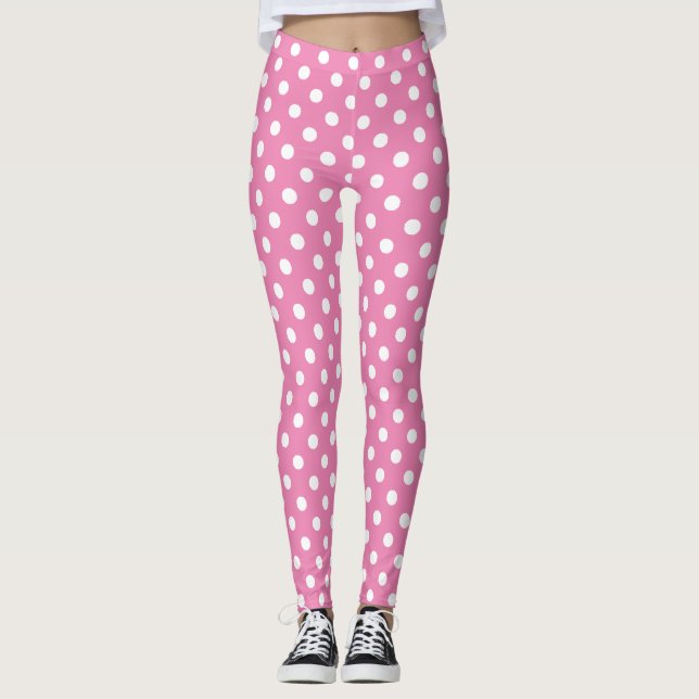 Pink Pastel White Polka Dot Leggings (Front)