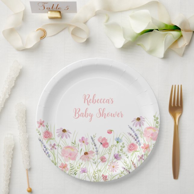 Pink Pastel Wildflower Baby Shower Paper Plate (Wedding)