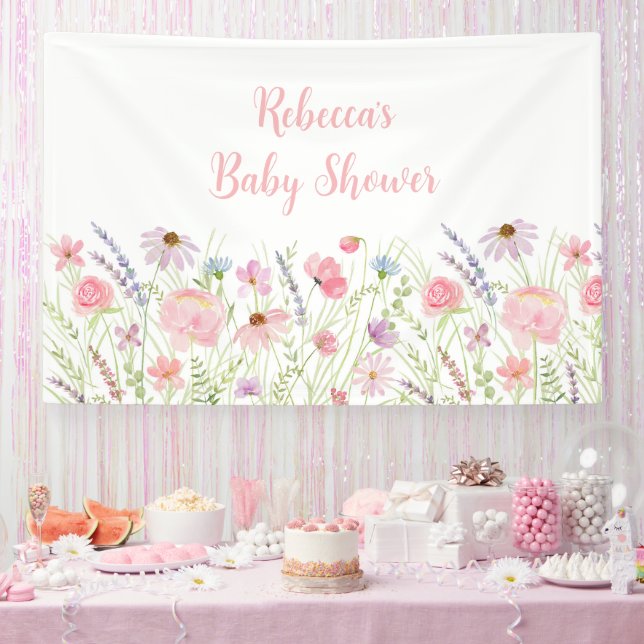Pink Pastel Wildflower Meadow Baby Shower Banner (Party)