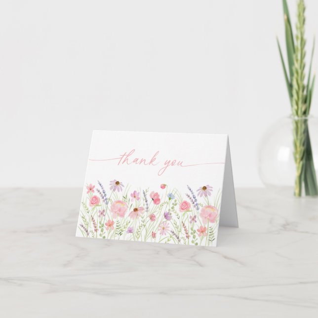 Pink Pastel Wildflower Meadow Baby Shower Thank You Card (Front)