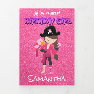 Pink Pastle Glitter  Pirate Girl 1st Birthday Tri-Fold Card