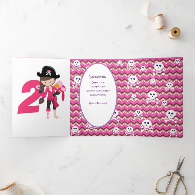 Pink Pastle Glitter  Pirate Girl 2nd Birthday Tri-Fold Card (Inside)