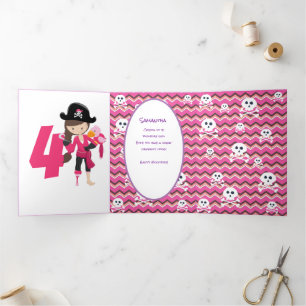 Pink Pastle Glitter Pirate Girl 4th Birthday Tri-Fold Card