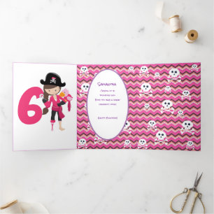 Pink Pastle Glitter  Pirate Girl 6th Birthday   Tri-Fold Card
