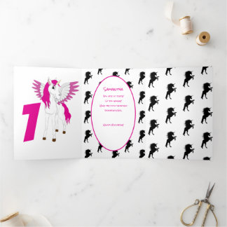 Pink Pastle Glitter  Unicorn 1st Birthday  Tri-Fold Card