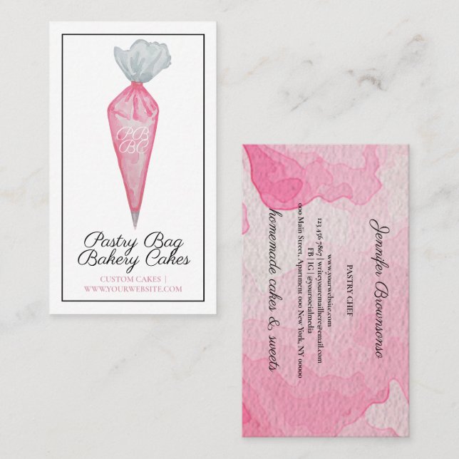 Pink Pastry Bag Watercolor Monogram Bakery Business Card (Front/Back)