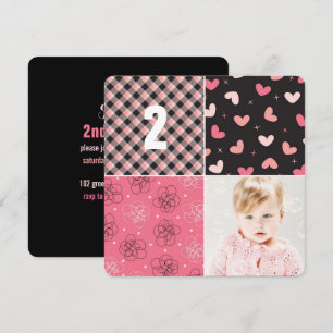Pink Patchwork Pattern Squares Girl Photo Birthday Invitation
