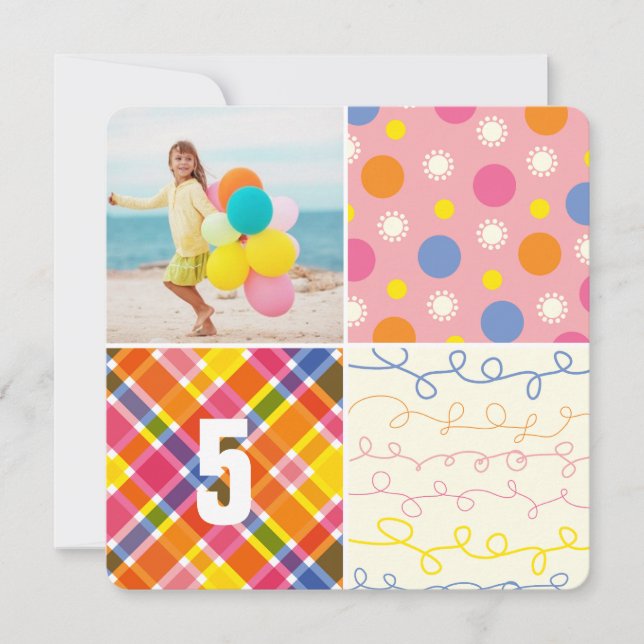 Pink Patchwork Pattern Squares Girl Photo Birthday Invitation (Front)