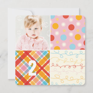 Pink Patchwork Pattern Squares Girl Photo Birthday Invitation