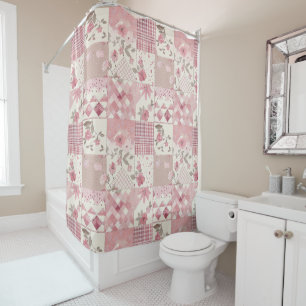Pink Patchwork Quilt Rustic Floral Retro  Shower Curtain