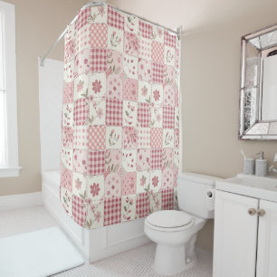 Pink Patchwork Quilt Rustic Floral Retro  Shower Curtain