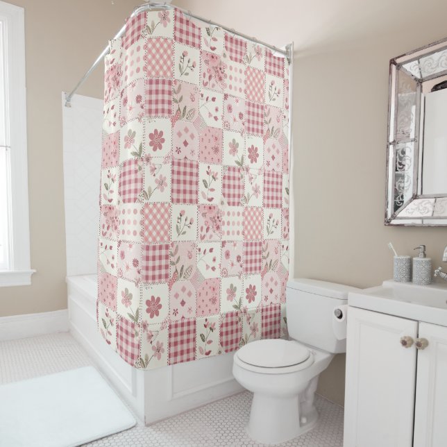 Pink Patchwork Quilt Rustic Floral Retro  Shower Curtain (In Situ)
