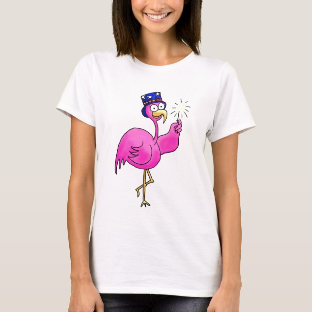 Pink Patriotic Flamingo Hat Sparkler T-Shirt (Front)