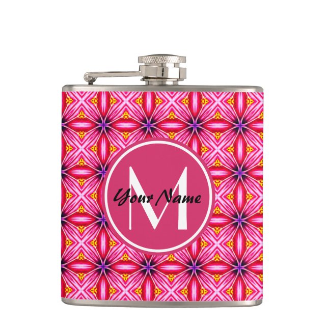 Pink pattern Monogrammed Vinyl Wrapped Flask (Front)