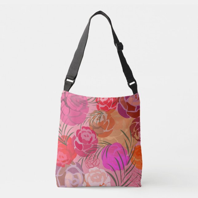 Pink pattern with flowers and plants crossbody bag (Front)