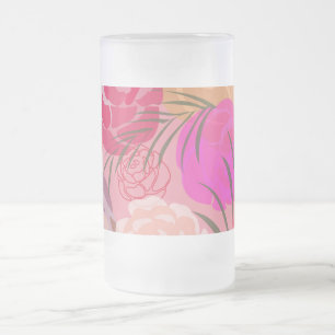 Pink pattern with flowers and plants frosted glass beer mug