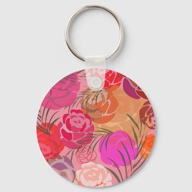 Pink pattern with flowers and plants key ring (Front)