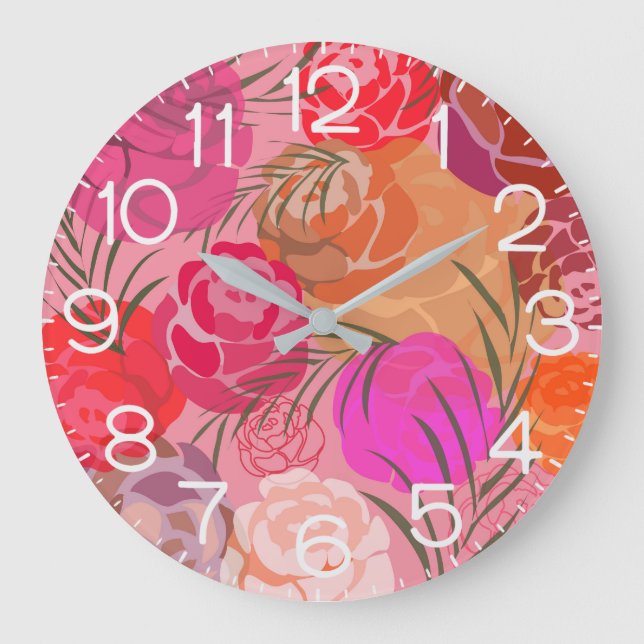 Pink pattern with flowers and plants large clock (Front)