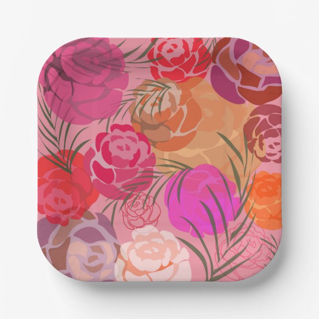 Pink pattern with flowers and plants napkins paper plate (Front)