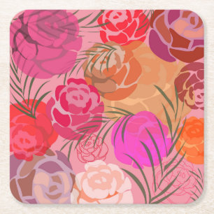 Pink pattern with flowers and plants napkins square paper coaster