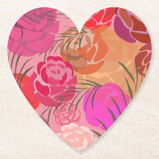 Pink pattern with flowers and plants paper coaster (Front)