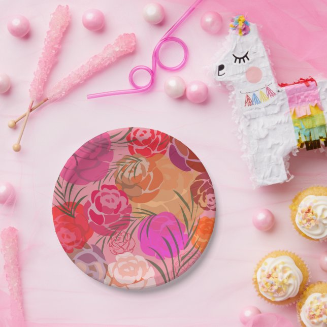 Pink pattern with flowers and plants paper plate (Party)