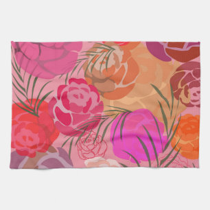Pink pattern with flowers and plants tea towel