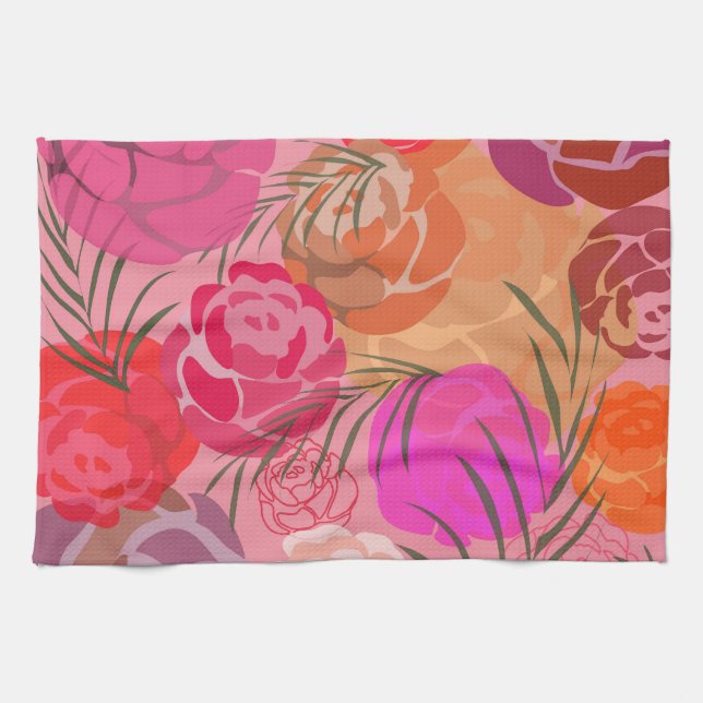 Pink pattern with flowers and plants tea towel (Horizontal)