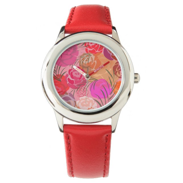Pink pattern with flowers and plants watch (Front)