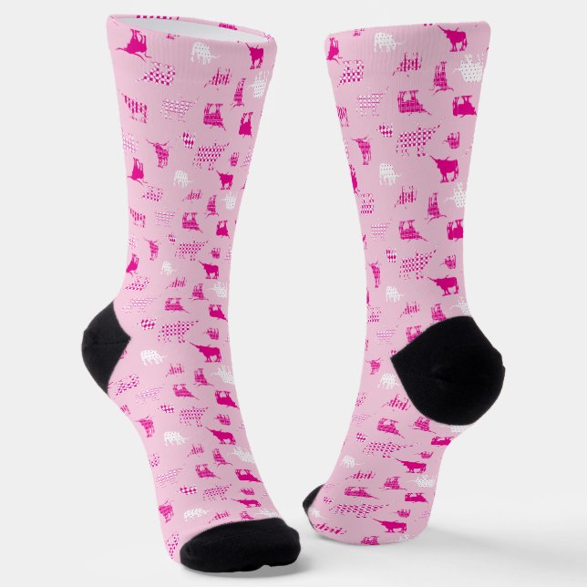 Pink Patterned Longhorns Pattern Socks (Angled)
